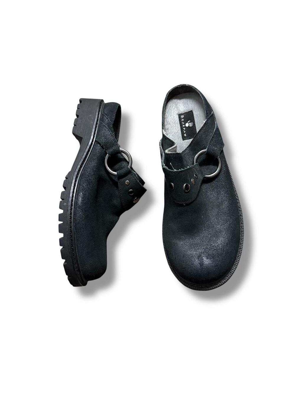 Black Leather Bearpaw Buckle Mules